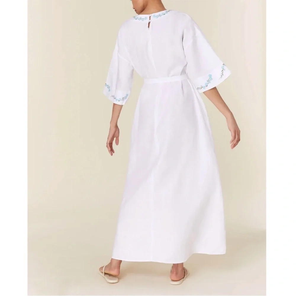 NWT Andie x Fanm Mon KEPEZ DRESS LINEN CAFTAN NEW White Blue EMBROIDERED size XL - Picture 5 of 11